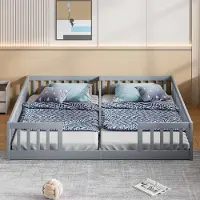 Ulife Zwillingskinderbett mit Sicherheitsgitter, Kiefernholz, minimalistisch, 90 x 200 cm, Grau