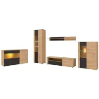 Meublorama Komplettes Wohnzimmer DOUM – Niedriges Sideboard, Vitrine, TV-Möbel, hohes Sideboard und Wandregal – Helle Eiche und Schwarz