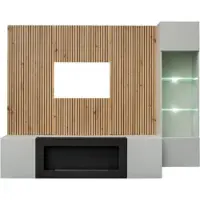 Meublorama Wandkomposition IXAR – TV-Möbel, hängendes Vitrinenschrank, Wandpaneele und Bio-Ethanol Kamin