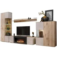 Meublorama Wohnzimmer-Set ERINA – Vitrine, TV-Möbel mit Bio-Ethanol-Kamin, Wandregal und hoher Sideboard – Helles Eichenholz und Beige