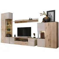 Meublorama Wohnzimmer-Set ERINA – Vitrine, Fernsehschrank, Wandregal und hoher Sideboard – Helles Eichenholz und Beige
