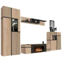 Meublorama Wohnzimmer-Set CRISS mit Bio-Ethanol-Kamin – Helles Eichenholz und Schwarz – TV-Möbel, Vitrine, niedrige Vitrine und Regal