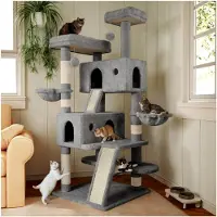 Markenlos 168 cm hoher Kratzbaum mit mehreren Ebenen für große Katzen, gemütliche Plüsch-Sitzflächen, Sisal-Kratzflächen, Hängematte und Körbe, Spielhaus, breite Basis, Grau
