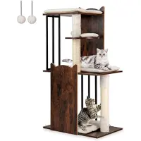 Markenlos Katzenbaum aus Holz und Metall, 112 cm, mit Kratzsäulen, 4 Plattformen, Bällen und abnehmbaren Kissen, Kletterbaum für Katzen, Aktivitätsbaum, Vintagebraun