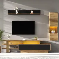 Merax TV-Wohnwand Set 3-teilig mit LED, Stauraum Wohnzimmer Möbel, TV-Schrank 180 cm mit 3 Schubladen, Wandregal für 80 Zoll TV, Schwarz Naturholz