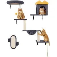 Markenlos Kletterwand für Katzen, Set mit Katzenhaus, Kratzbaum, Katzenkorb und Plattformen, Wandelemente für kleine bis mittelgroße Katzen bis 10 kg, Dunkelgrau