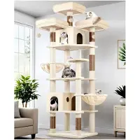 Markenlos Kratzbaum Beige XXL 209 cm hoch mit 3 gepolsterten Sitzstangen, 2 Katzenhäusern, 2 Körben, großer Plattform und Katzenspielzeug, stabil für 3-5 erwachsene Katzen für den Innenbereich