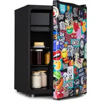 Klarstein Cool Vibe - Kühlschrank, Volumen: 70 Liter, VividArt Concept: Tür mit Stickerbomb-Design Print, Eisfach, Eiswürfelform, Geräuschentwicklung: 42 dB, schwarz