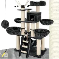 Markenlos Katzenbaum XXL, 195 cm, deckenhoch, Kletterbaum mit Liegemulden, Hängematte, Treppe und Höhle, stabile Sisalsäulen, Spielbaum für Katzen - grau/weiß