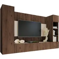 Mirjan 24 Wohnwand Deromi IV, Wohnzimmer Möbel Set, Griffloses Öffnungssystem push to open, 4er-Set (Farbe: Nuss Okapi / Nuss Okapi + Travertin)