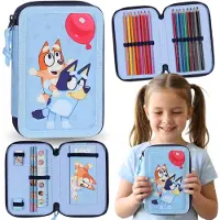 Blueys Bluey Federmäppchen mit 2 Fächern inkl. Zubehör für Kinder, Schule – 22 Teile, 2 Reißverschlüsse