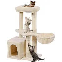 Markenlos Katzenbaum 87 cm mit Aussichtsplattform, Liegemulde und Katzenhöhle, Sisalstämme, Beige