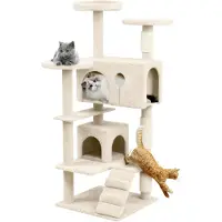 Markenlos Katzenkratzbaum, 130 cm in Beige mit Sisal-Kratzsäulen, Plüsch-Liegeflächen und Hängespielzeug, stabiler Kletterbaum mit Höhle und Leiter für Wohnungskatzen