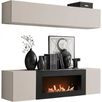 Meublorama Wandkomposition FLY Kaschmir mit horizontaler Hängesäule und Bio-Ethanol Kamin-TV-Möbel