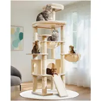 Markenlos 183CM Kratzbaum Groß XXL, Katzenbaum mit Katzenhaus, Metallhängematte, Kratzsäulen, Katzenkratztafel und großer Plattform, Beige