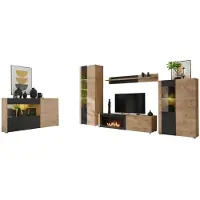 Meublorama Komplettes Wohnzimmer DOUM – Niedriges Sideboard, Vitrine, TV-Möbel mit Bioethanol-Kamin, hohes Sideboard und Wandregal – Helles Eichenholz und Schwarz