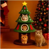 Markenlos Kratzbaum 135 cm hoch im Weihnachtsbaum-Design, mehrstöckiger Katzenbaum mit Katzenhaus und Kratzsäulen, stabiler Kletterbaum für Katzen, grün