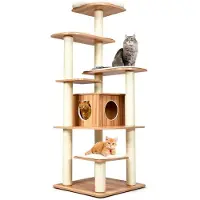 Markenlos Katzenbaum 175 cm hoch, Kletterbaum mit 6 Plattformen, Katzenkratzbaum mit großer Höhle aus Holz, Spielbaum für Katzen, Katzenmöbel