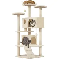 Yaheetech Kratzbaum Kletterbaum 139 cm H, Katzenbaum mit 3 Aussichtsplattformen & 2 Kuschelhöhlen, Beige