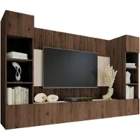 Mirjan 24 Wohnwand Deromi I, Wohnzimmer Möbel Set, Griffloses Öffnungssystem push to open, 4er-Set (Farbe: Nuss Okapi / Nuss Okapi + Travertin)