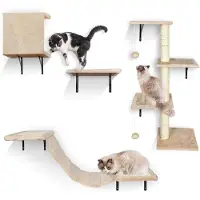 Markenlos Katzen Kletterwand, 10-teiliges stabiles Katzenmöbel mit Kratzbäumen, Hängematte, Katzentreppe, Katzenbrücke und Katzenhöhle, Beige