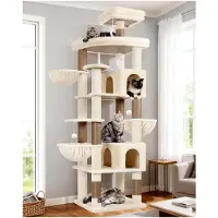 Markenlos Kratzbaum Beige Groß XXL 209 cm hoch mit 2 Katzenhäusern, großer Plattform, 3 Körben, Sitzstangen, 8 Sisal-Kratzsäulen, stabiler Katzenbaum für mehrere große Katzen