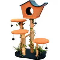 Markenlos Kratzbaum mit Pflanzendekoration 135 cm, Katzenkratzbaum aus Birnbaumholz mit Teddyfell, Katzenhaus mit Spielbällen, Katzenmöbel mit Plattformen