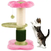 Markenlos Katzenbaum, 69 cm hoch, 13 cm dicker Stamm, mit Kratzsäule, Selbstpflegegerät, Hängebällchen und gepolsterter Plattform, stabiler Kletterbaum für Katzen, Katzenmöbel (Rosa)