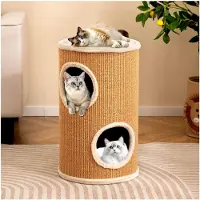 Markenlos Kratztonne, Ø 36 cm, 59,5 cm hoch, mit Sisal-Kratzbrett, 3 Katzenhöhlen, Plüschbett & Plüschrand, 4-stöckiger Kratzbaum, für kleine und mittelgroße Katzen bis 15 kg (Beige)