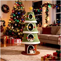 Markenlos Weihnachtskratzbaum, 154 cm hoher Katzenbaum mit 4 Höhlen, Kratzbrett, Hängebällen, Kletterbaum für Katzen
