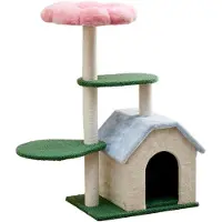 Markenlos Mittelgroßer Kratzbaum mit Katzenhaus, 3 Liegeflächen & Blumenform, Plüschbezug & 4 Sisalstämme, 95 cm hoch, Grün-Blau-Rosa