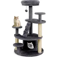 Markenlos Katzenbaum klein aus Holz mit Höhle, Ball, Leiter, Plattformen und Kratzsäulen, Aktivitätsbaum für Katzenmöbel, Katzenturm (Grau)