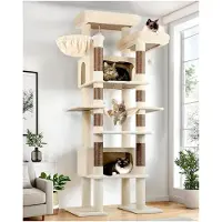 Markenlos Beiger Kratzbaum XXL 213 cm hoch mit 2 großen Katzenhäusern 50*30*30 cm, 2 gepolsterten Plattformen, Hängematte, weichem Korb, stabil für Katzen zum Ausruhen und Spielen