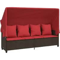 vidaXL Sonnenliege mit Dach und Kissen Braun Poly Rattan