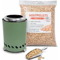 Benza Tischkamin für Balkon, Garten und Terrasse mit 2 kg Holzpellets und Holzschaufel – Grün – 14,5 x 14,5 x 19,5 cm