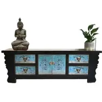OPIUM OUTLET Chinesisches Lowboard Sideboard Kommode Schrank Möbel asiatisch orientalisch chinesisch Büffet Anrichte schwarz-türkis China Shabby Chic Vintage Holz