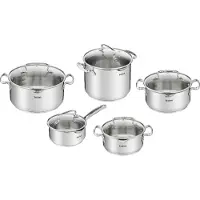 Tefal Topf-Set "Duetto+, Kochtopf Set mit Glasdeckel" Set, Stieltopf 16 cm, Schmortöpfe 18/20/24 cm, Suppentopf 22 cm, 10 tlg. Edelstahl