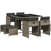 vidaXL 9-tlg. Garten-Essgruppe mit Kissen Grau Poly Rattan