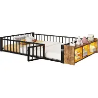 SOFTWEARY Kinderbett mit LED-Streifen, Regal, Zaun, Lattenrost und Tür, 140x200 cm, Einzelbett mit Rausfallschutz, Metallbett