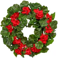Markenlos Künstlicher Geranienkranz für die Haustür – Roter Blumenkranz mit Seidenblumen und Blättern – Ø 50 cm – Sommerliche Türdekoration für Innen- und wettergeschützte Außenbereiche