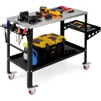 Markenlos Mobiler Schweißtisch 92x46cm, Werkbank mit 2 Ablagen & Seitentablett, Schweißwagen mit 2 Haltern für Schweißdüsen, 8 Werkzeugschlitzen & Rädern, Schweißwerkbank mit 540 kg Tragfähigkeit