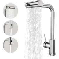 Markenlos Küchenarmatur mit 3 Strahlarten, herausziehbare Brause, Wasserfall Wasserhahn, 360° drehbar, Hochdruck Spültischarmatur, SUS304 Edelstahl, gebürstet