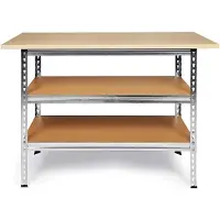 Markenlos Werkbank Uwe 120cm mit Metallregal und höhenverstellbaren Einlegeböden, verzinkter Packtisch, 92cm Arbeitshöhe, Buchenarbeitsplatte (Melamin)