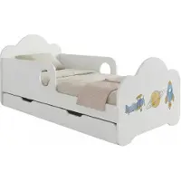 Happy Babies Bett Kinder 140x70 mit Matratze Schublade Stauraum Kinderbett mit Rausfallschutz Weiß, Teddybär, Weltraum, bunter Aufkleber
