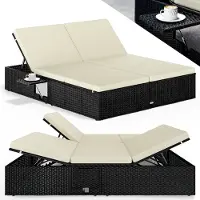 Casaria Sonnenliege 2 Personen mit Klapptisch 7cm Auflagen Wetterfest Gartenliege 220kg Belastbar Liegestuhl Verstellbar Schwarz Creme 200x160cm