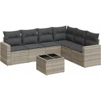 vidaXL 7-tlg. Garten-Sofagarnitur mit Kissen Hellgrau Poly Rattan