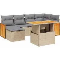 vidaXL 7-tlg. Garten-Sofagarnitur mit Kissen Beige Poly Rattan