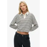 Superdry für Damen. W6012175A Gestreiftes Poloshirt Rugby beige (S), Lässig, Baumwolle, Langarm