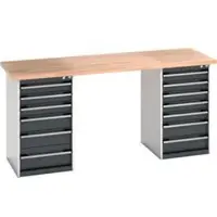 Bott Werkbank, Buchenholz-Arbeitsplatte, Stahlgestell, B 2000 x T 750 x H 940 mm, bis 1200 kg, 13 Schubladen, lichtgrau/anthrazit RAL 7035/7016
