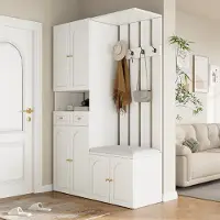 OKWISH Garderoben Set mit Schuhbank Haken Flur 110x37x180cm Weiß